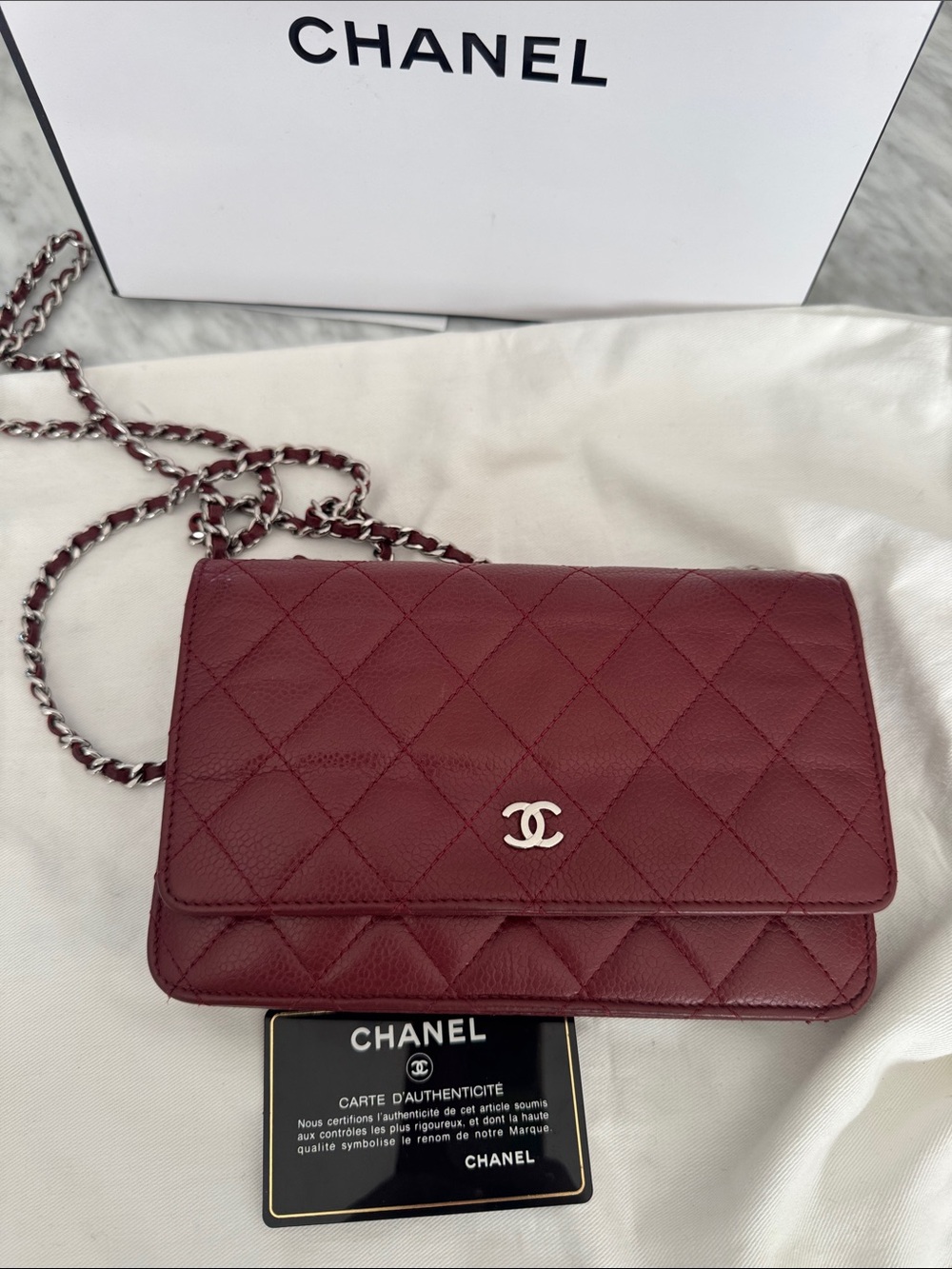Chanel Burgundy Quilted Caviar Wallet on Chain. Burgundy. Pebbled leather.